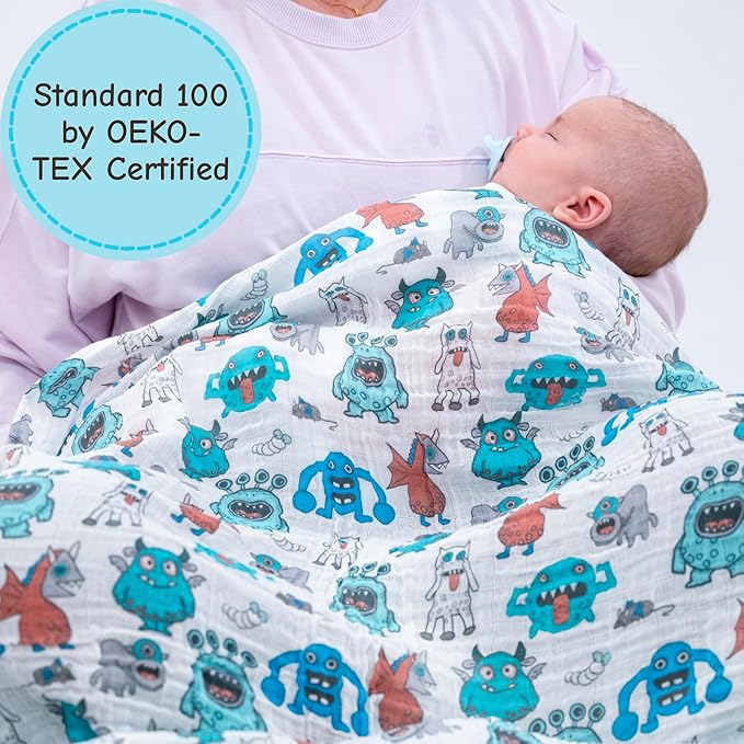 LollyBanks Muslin Swaddle Blankets, 100% Cotton Soft and Breathable Baby Blanket for Boys, 47 x 47 Inches Receiving Blankets, Lightweight Newborn Swaddles, Nursery Must Haves (Monsters Print)