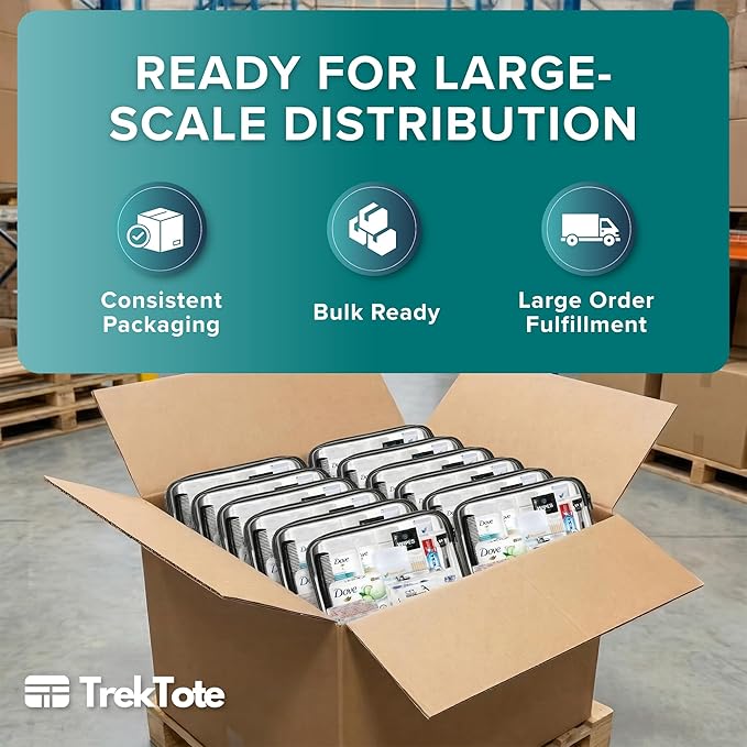TrekTote Bulk 15 Piece Hygiene Kits for Distribution & Travel, TSA Toiletries Kit, Mini Shampoo, Toothbrush, Deodorant, Soap, Razor, Individually Packaged in Case Pack of 25