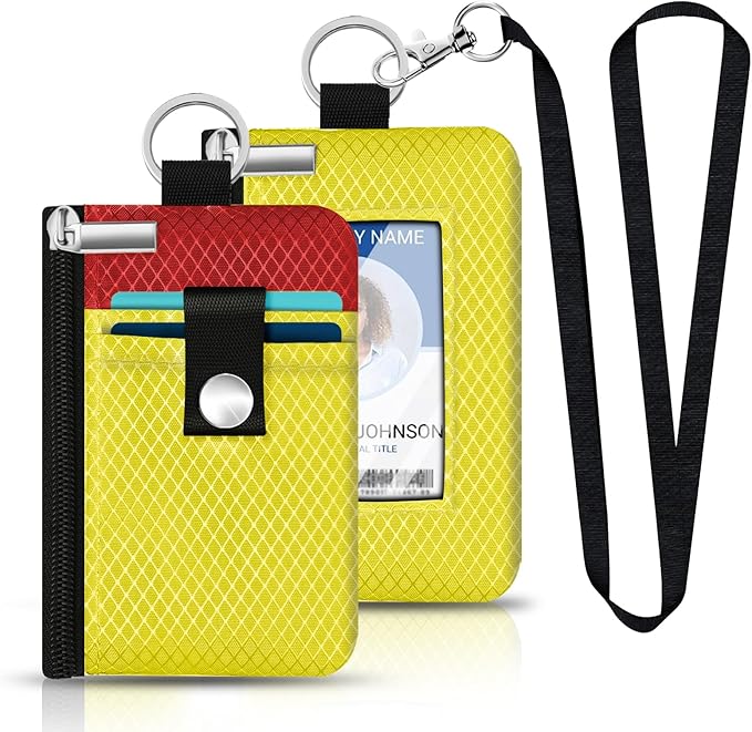 Minimalist RFID Blocking Small Wallet with ID Window,WaterResistant Zip Id Case Wallet with Lanyard Keychain for Cards,Cash,Travel,Women,Men (Lemon Yellow/Red)