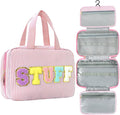 Travel Toiletry Bag for Women Chenille Letter Cosmetic Bag Fashion Stripes Water-resistant Makeup Bag with Hanging Hook for Store Toiletries Cosmetic Accessories Medium Pink