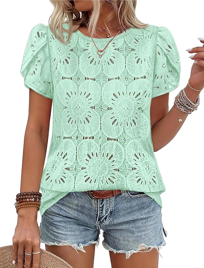 OFEEFAN Blouses for Women Dressy Casual Petal Short Sleeve Shirts Crochet Lace Boho Tops Spring Fashion Summer Outfits