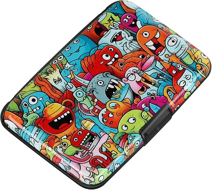 ELFISH RFID Blocking Credit Cards Holder Aluminum Wallet Metal ID Case for Men Women(Monsters)