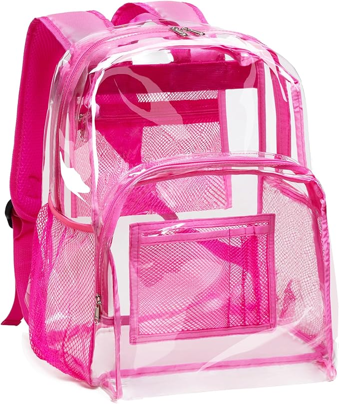 Vorspack Clear Backpack Heavy Duty PVC Transparent Backpack with Reinforced Strap Stitches & Large Capacity for College Workplace Security - Pink