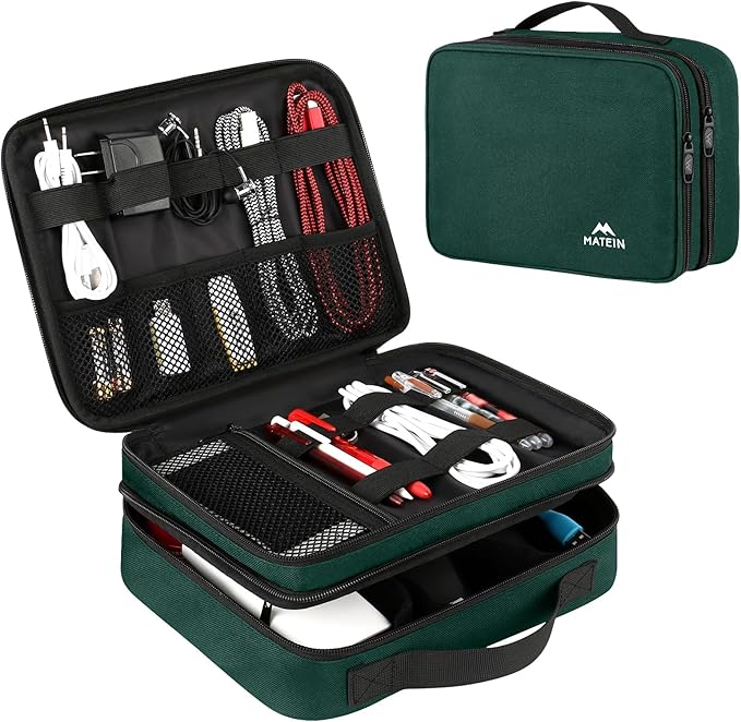 MATEIN Electronics Travel Organizer, Double Layers Charger Organizer with Sturdy Handle for Travel Accessories, Tech gifts for Men and Women, Medium Tech Case for Cable Management, Peacock Blue