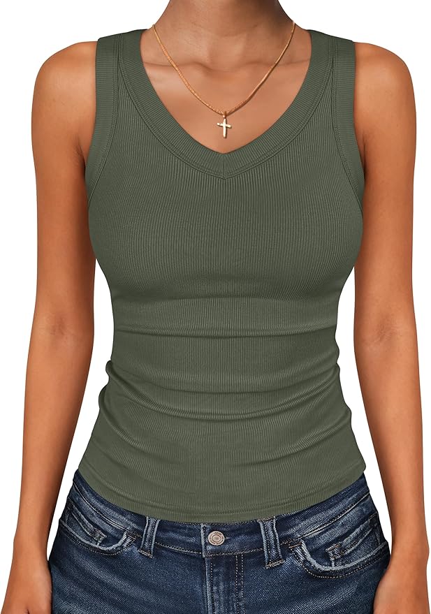 ANRABESS Tank Tops for Women V Neck Ribbed Knit Slim Fitted Sleeveless Basic Tee Tanks Casual Summer Clothes 2026