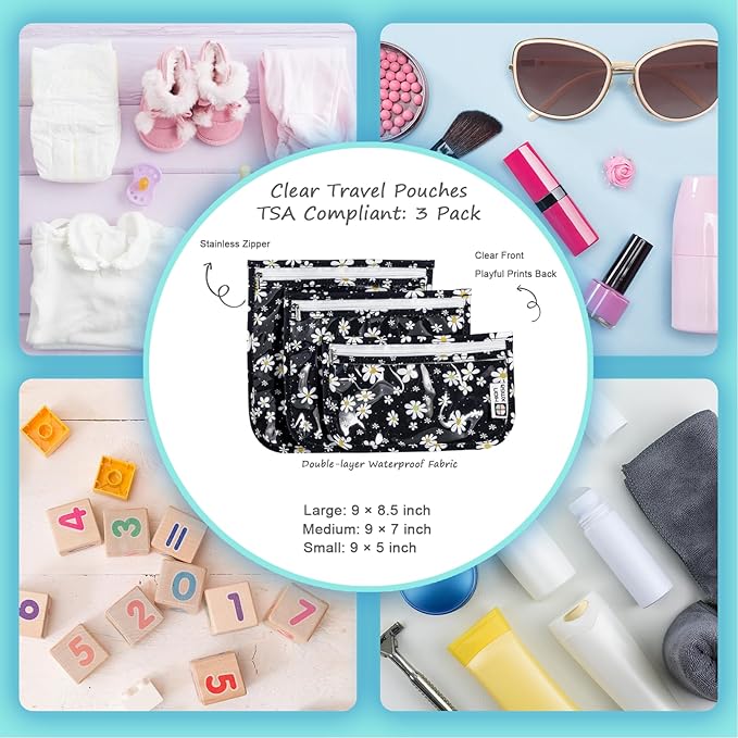 HIONXMGA TSA Approved Toiletry Bag, Set of 3 Clear Travel Toiletry Bag Quart Size Zipper Travel Pouch, Waterproof Makeup Cosmetic Bag for Women Men Kids Toiletries Carry on, Petals