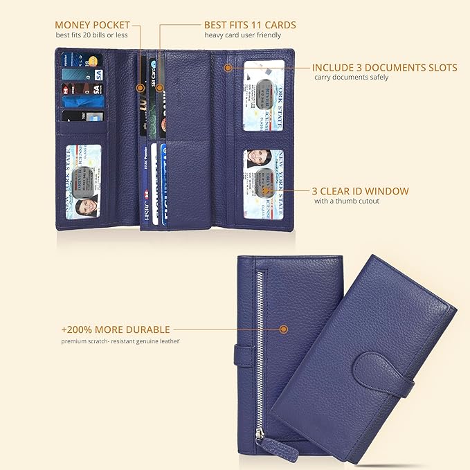 Real Leather Women Wallet Leather with RFID Blocking -Trifold Card Holder Designer Ladies Clutch with ID Window Wallets