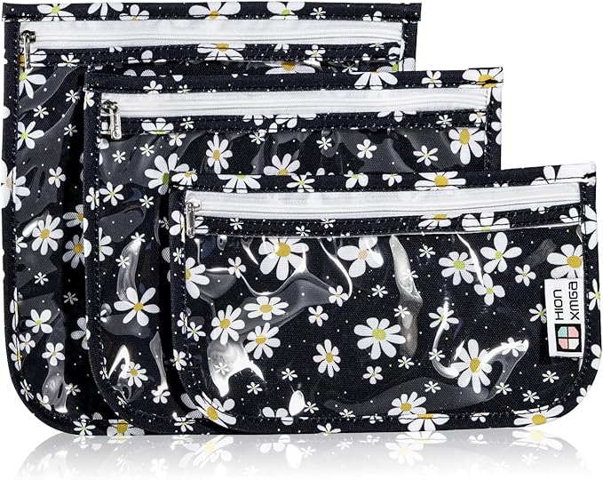 HIONXMGA TSA Approved Toiletry Bag, Set of 3 Clear Travel Toiletry Bag Quart Size Zipper Travel Pouch, Waterproof Makeup Cosmetic Bag for Women Men Kids Toiletries Carry on, Petals