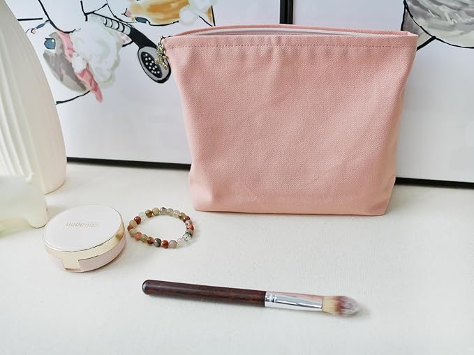 HAPPYHEIDI Canvas Pouch for Travel, Cosmetic Case, Solid Pink, Cotton Blend, Zipper Closure, 7.1x2.4x7 Inches