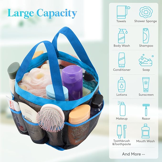 Lifewit Mesh Shower Caddy Portable for College Dorm Room Essentials with 7 Pockets, Freestanding Hanging Organizer Basket, Quick Dry Tote Bag for Camping, Bathroom, Beach, Travel, 1 Pack, Blue