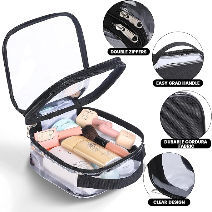 BORMELUN Clear pouches for travel toiletries vinyl TSA airport approved proof makeup bag reusable organizer (black)