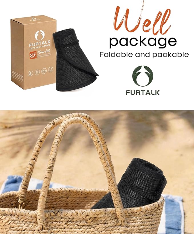 FURTALK Sun Hats for Women Wide Brim Beach Hat Straw Visor Ponytail Summer UV Packable Foldable Beach Vacation Essentials