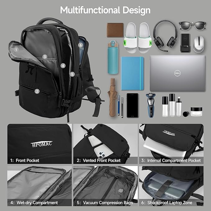 Vacuum Compression Backpack for Travel, Carry-On Backpack with Vacuum System & Pump, Packs Like 55L for 5-7 Day Trips, Fits 17" Laptop, Water-Resistant Business Travel Backpack for Men/Women