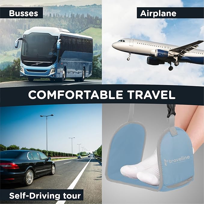 Airplane Foot Hammock – Memory Foam Travel Footrest with Rigid Base, Adjustable Strap for Long Flights & Travel Comfort (Blue)