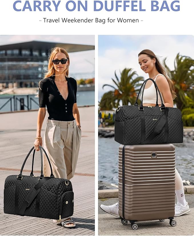 Women Weekender Travel Duffle Bag: Travel Duffel Overnight Bags with Shoe Compartment Large Carry on Tote with Toiletry Bag Weekend Traveling Yoga Gym Hospital Bag for Women with Wet Pocket Black