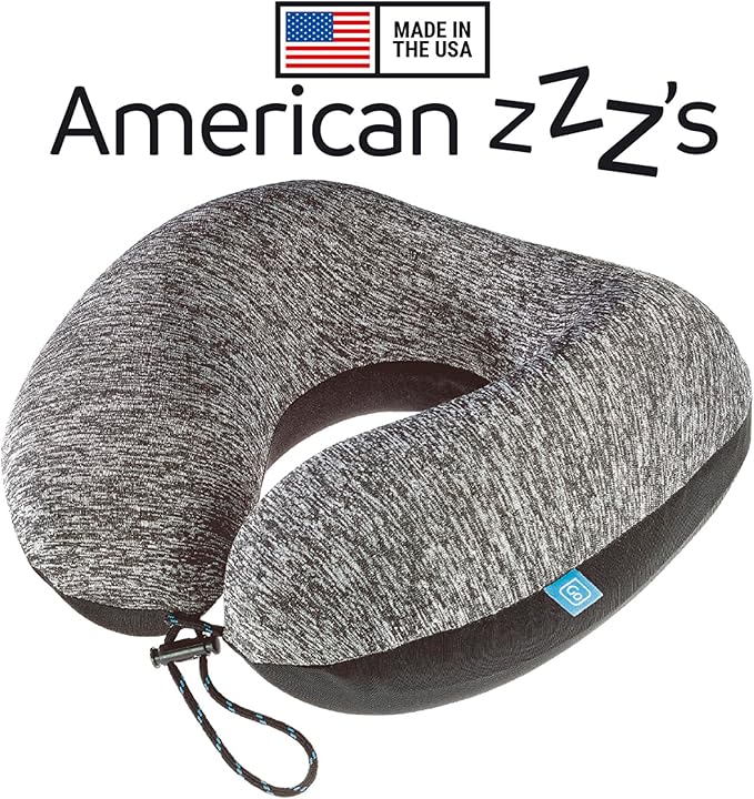 American ZZZ's Comfortable Neck Pillow, Memory Foam Travel Pillow for Uninterrupted Sleep, Ideal for Everyday Commute, Airplane, Bus, Car, and Gaming, Travel Essentials, Made in USA, Blue