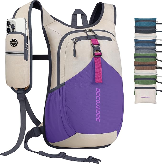 BECOJADDE 20L Small Hiking Backpack for Men Women Foldable Packable Back Pack Ultralight Hiking Daypack for Travel Camping Outdoor, Beige Purple