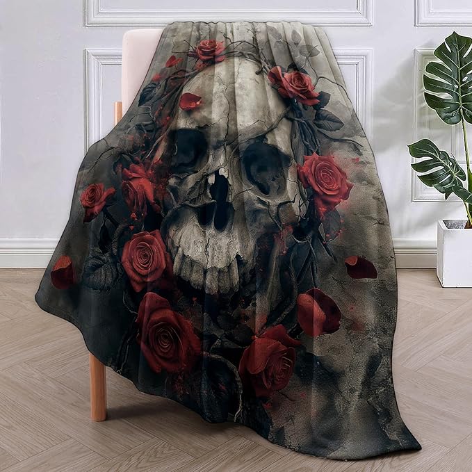 Skull Rose Blanket, Horror Skulls Flannel Throw Blankets,Soft Warm Lightweight Cozy Plush Skull Throws for Bedroom Sofa Office Home Decor Gifts for Adults Men 80"x60"