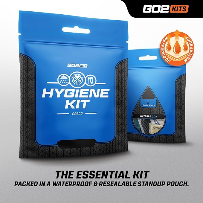 Travel Toiletry Kit, Hygiene Kit with Shaving Supplies for Travel, Business & Charity with Reusable Toothbrush, Bath Soap & Other Essential Toiletries, 1-Pack (GO300)