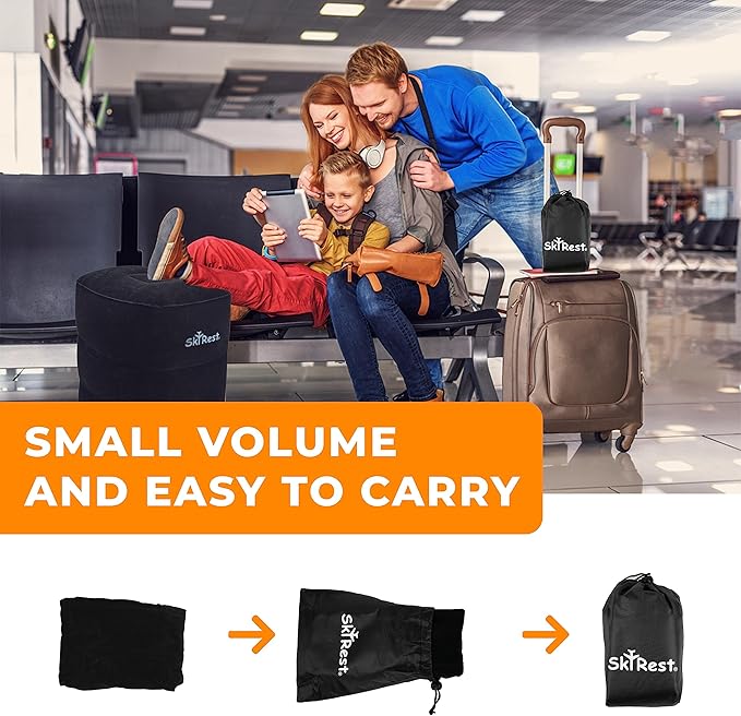 Inflatable Travel Foot Rest Pillow - Adjustable Leg Rest for Airplane, Car, Train, Home & Office, Comfortable Seat Extender for Kids - Black