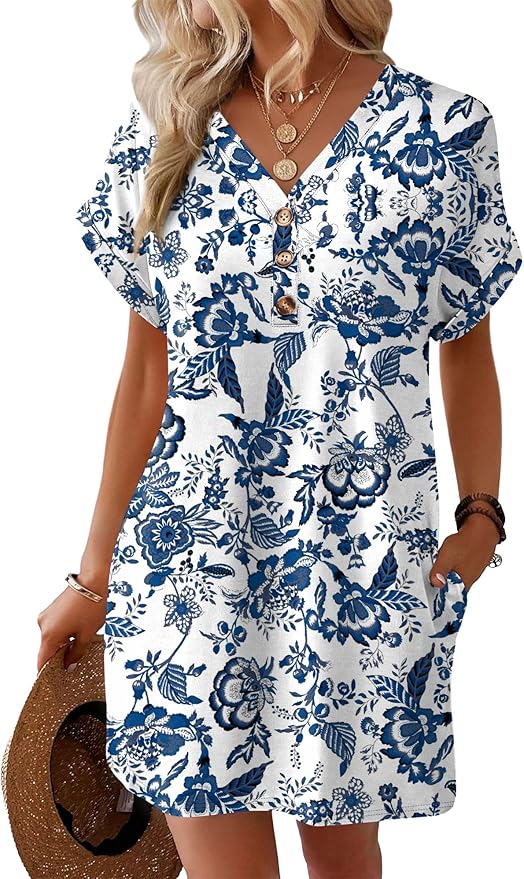 WIHOLL Summer Dresses for Women with Sleeves Midi Dress Button Down Beach Vacation Casual Dresses Fashion Clothing