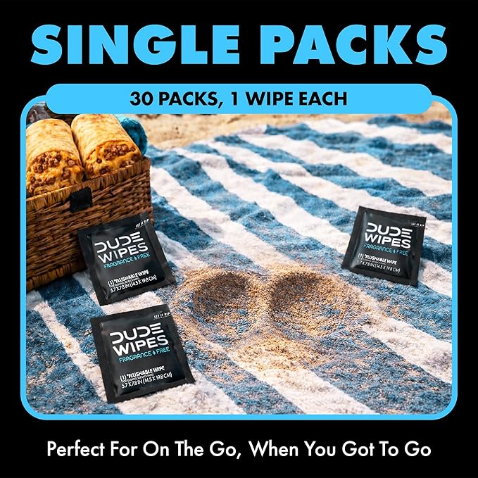 DUDE Wipes On-The-Go Unscented Travel Wipes - 30 Count (Individually Wrapped) - Extra-Large Adult Flushable Wipes for Sensitive Skin - Infused with Vitamin E and Aloe - Septic and Sewer Safe