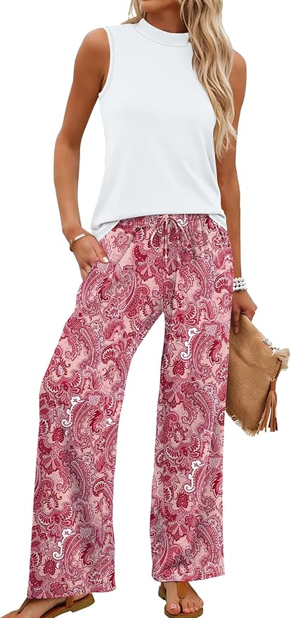 WIHOLL Two Piece Set for Women Summer Spring Outfits Cruise Travel Airport Beach Vacation Mock Neck Wide Leg Pants Set