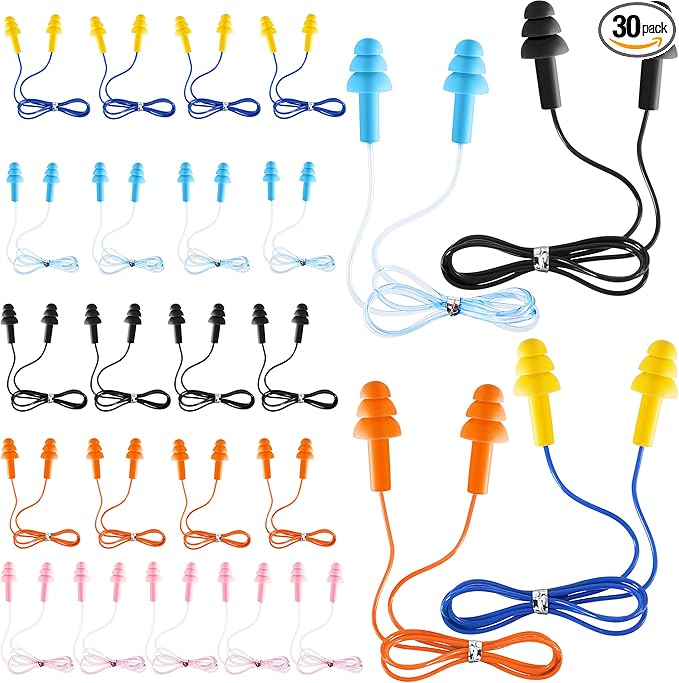 LEIFIDE 25 Pairs Corded Ear Plugs Silicone Waterproof Ear Plugs with Cords for Sleeping Snoring Swimming Shooting, Reusable Plugs Noise Cancelling and Hearing Protection
