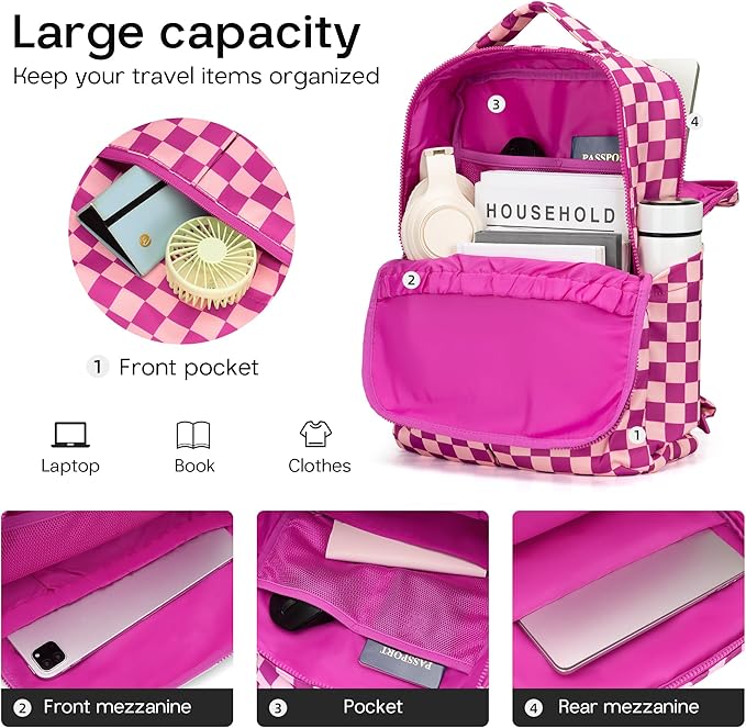 Checkered Backpack for Women Fashion Backpacks with Laptop and Multi Compartment for Travel and Work Rose Red Check