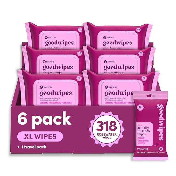 goodwipes Flushable Butt Wipes - Vitamin E & Aloe - Sewer & Septic Safe - Extra Large Adult Wet Wipes For Women & Men - Bathroom Essentials - Rosewater, 318 Count (6 Packs + 1 Travel)