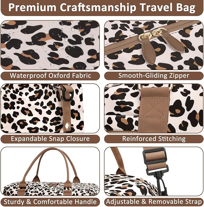 ELONGRIVER Travel Duffle Bag for Women, Weekender Bags, Hospital Bag for Labor Delivery,Lightweight Tote Duffel Overnight Bag with Luggage Sleeve,Airplane Travel Bags with Toiletry Bag,X-Large,Leopard