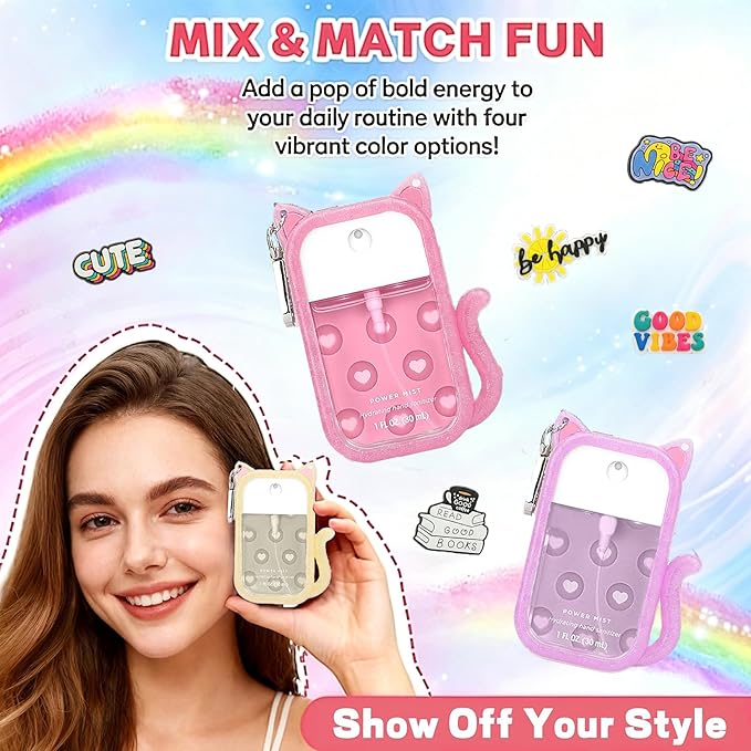 Cat Silicone Case for Touchland Hand Sanitizer Spray, Hand Sanitizer Holder Keychain with 4 Cute Charms for Touch Land Mist 1FL. OZ