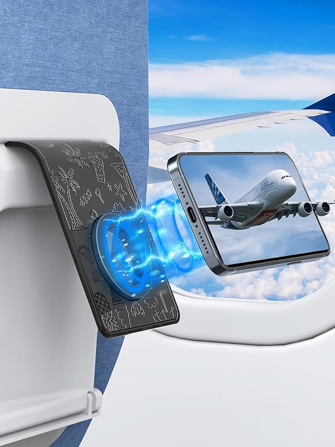 Magnetic Airplane Phone Holder, Travel Essentials Foldable Phone Stand for MagSafe, Universal Hands-Free Flexible Desk Stand for Plane, Office, Kitchen