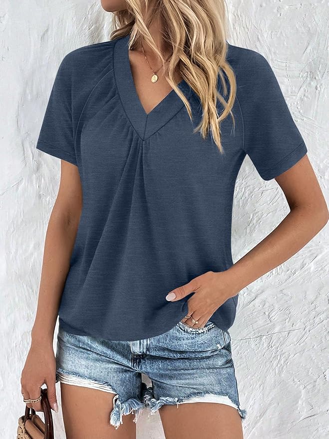 AUTOMET Womens Tops Short Sleeve V Neck T Shirts 2026 Summer Spring Beach Vacation Clothes Casual Loose Ruched Top