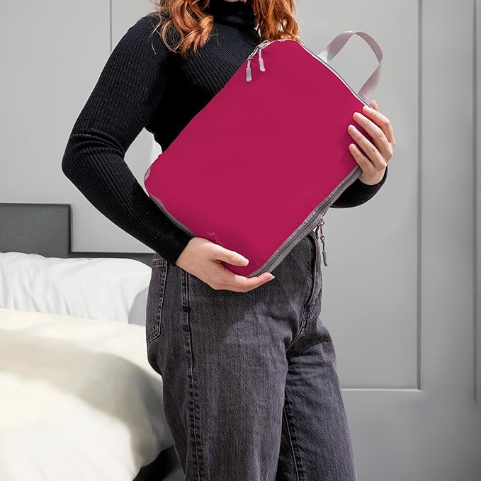 (Not Made In China) Compression Packing Cubes For Travel, Suitcase and Luggage Space Saver Organizer Bags, Lightweight, Waterproof Nylon, Durable, 4pc Set, Plum