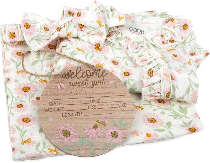 Newborn Baby 4 Piece Coming Home Outfit Gift Set – Footie Sleeper, Blanket, Headband & Ornament for Boys & Girls