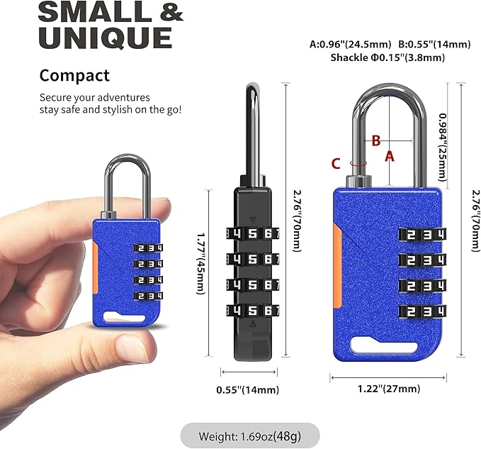 Lock for Gym Locker, Small Combination Lock for Travel Luggage, Combo Padlocks for Outdoor Use, 4 Digit Combination Padlock for Locker, Cabinet, Storage Unit, Suitcase Zipper, Box (Blue)