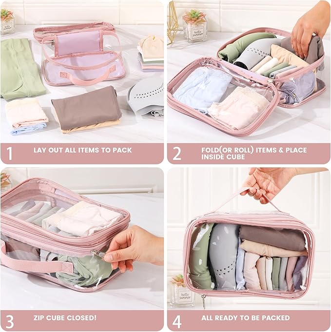 BORMELUN Large clear travel pouch,TSA approved toiletry reusable organizer with zipper proof purse makeup case carry On (Pink)