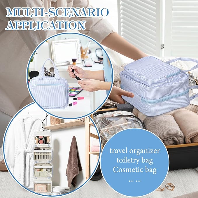 Huhumy Hanging Toiletry Bag for Women with Detachable Pouch, Travel Toiletry Bag, Travel Size Toiletries, Cosmetic Bags, Seersucker Makeup Bags Gifts for Her Mom Girlfriend Wife Teacher(Blue)