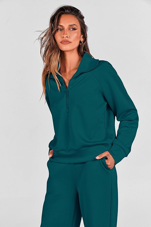 PRETTYGARDEN Women's 2 Piece Outfits Casual Lapel Half Zip Sweatshirts and Wide Leg Pants Tracksuit Sets