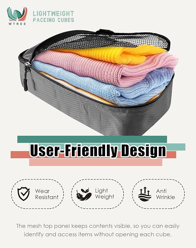WTREE 4-Piece Packing Cubes Travel Accessories Set for Suitcases - Luggage Organizer Bags with Double Zipper - Mesh Top - Small/Medium/Large/Slim - Dark Grey