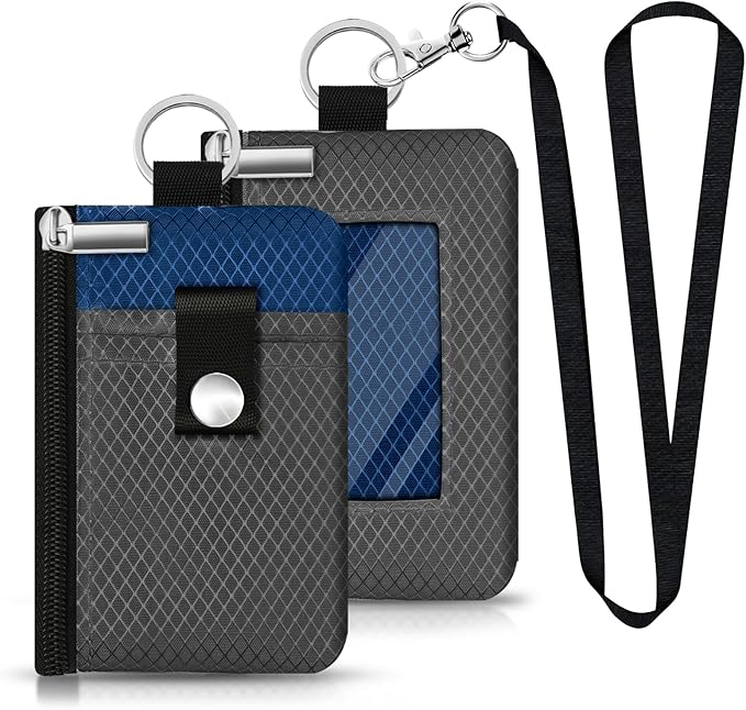 Minimalist RFID Blocking Small Wallet with ID Window,WaterResistant Zip Id Case Wallet with Lanyard Keychain for Cards,Cash,Travel,Women,Men (DarkGrey/Electric Blue)