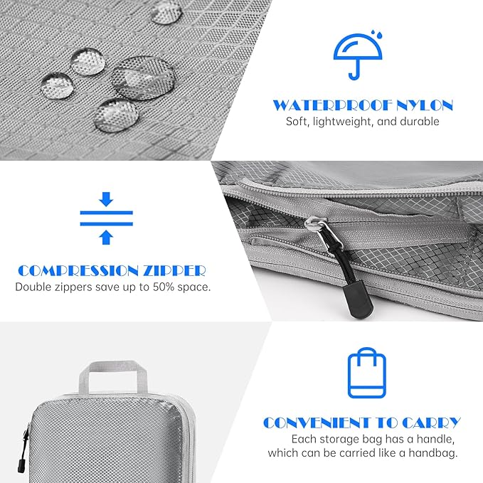 NiHome Compression Packing Cube 6PCS Set Expandable Travel Bag Luggage Organizers Electronic Cable Cord Charger Organizer Drawstring Bag for Trip Home Storage Travel Gear Accessories (Blue/Black/Grey)
