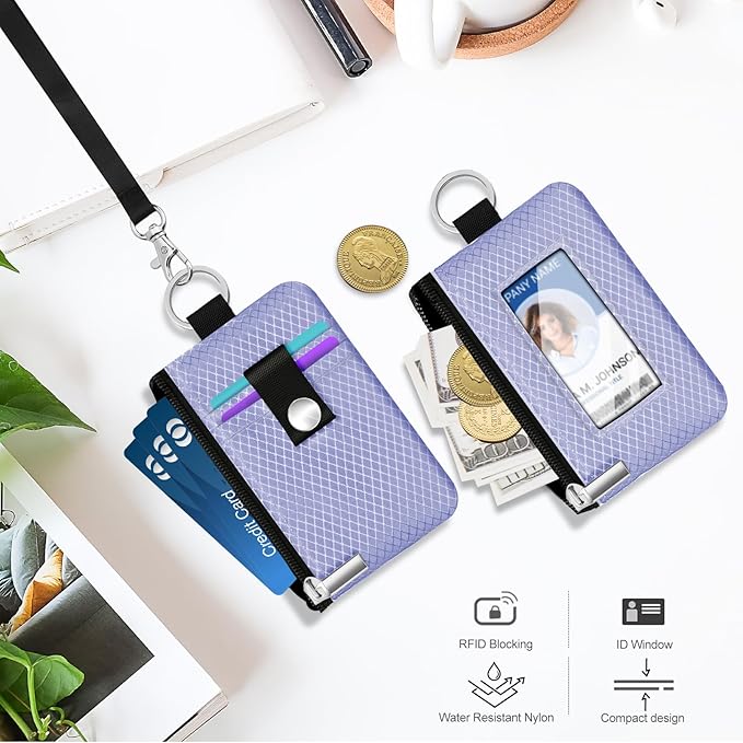 Minimalist RFID Blocking Small Wallet with ID Window,WaterResistant Zip Id Case Wallet with Lanyard Keychain for Cards,Cash,Travel,Women,Men (Lavender Purple)