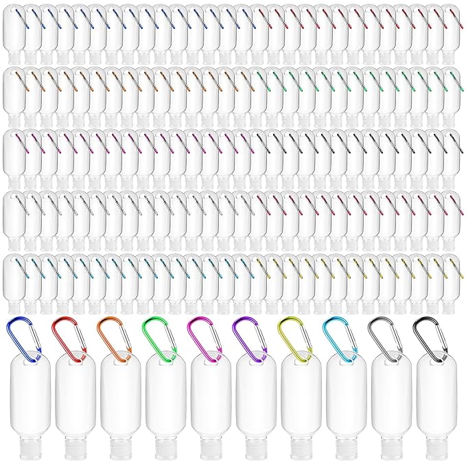 FairySandy 200 Pcs Traveling Bottles with Keychain 2oz Clear Plastic Hand Sanitizer Holder Keychain Empty Refillable Liquid Packing Container Squeeze Plastic Bottle with Lid,Rectangle