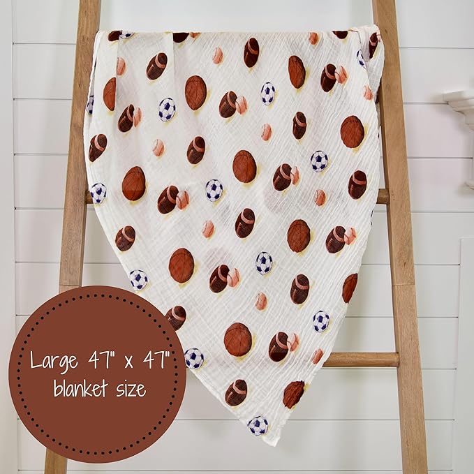 LollyBanks Muslin Swaddle Blanket, 100% Muslin Cotton Soft Baby Blankets for Boys, 47 X 47 Inches Soft and Cozy Baby Wrap Swaddle Breathable Infant Blankets, Newborn Essentials (Sports Print)