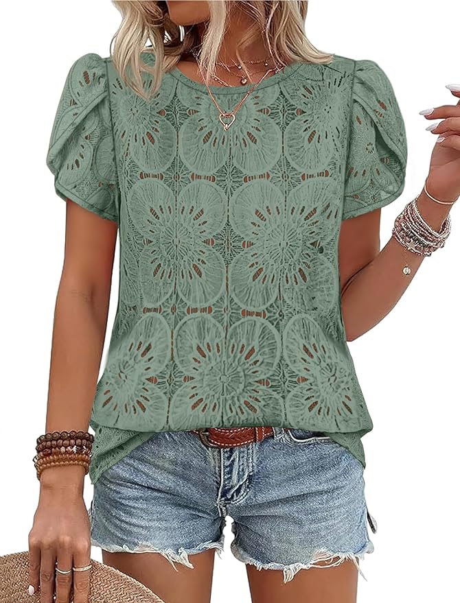 OFEEFAN Blouses for Women Dressy Casual Petal Short Sleeve Shirts Crochet Lace Boho Tops Spring Fashion Summer Outfits