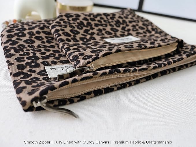 HAPPYHEIDI Leopard Print Makeup Bag with Pocket Large Cosmetic Toiletry Travel Pouch, Small Accessory Organizer Bag, Brown Cheetah, Lined, Zipper Closure, 8.5x2x6.5 Inches