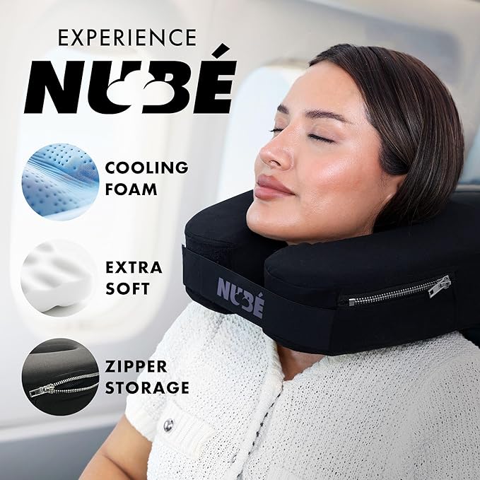 Travel Neck Pillow – Ultra Lightweight & Comfortable Memory Foam with Zipper Storage for Airplane, Car & Home Travel Accessory for Head & Neck with Cooling, Breathable & Washable Fabric (Black)