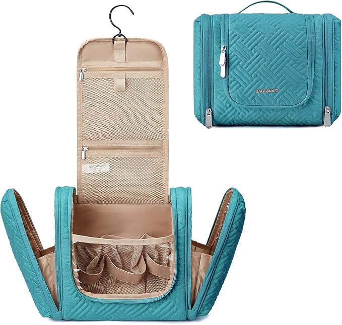 BAGSMART Atlas Travel Toiletry Bag for Women, Hanging Toiletry Bag with Hook, Travel Cosmetic Makeup Bag Travel Organizer for Accessories, Shampoo, Full Sized Container, Toiletries,Blue-Medium